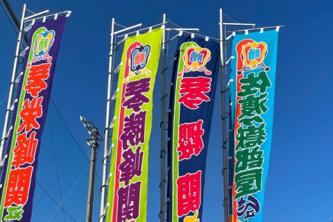 Banners announce the forthcoming grand sumo kyushu basho.