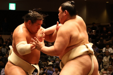 Sumo wrestlers Hoshoryu (left) and Onosato clash during an all stables practise in May 2025.