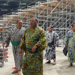 Hoshoryu and other sumo wrestlers tour the new arena that will host the 2025 Nagoya tournament.